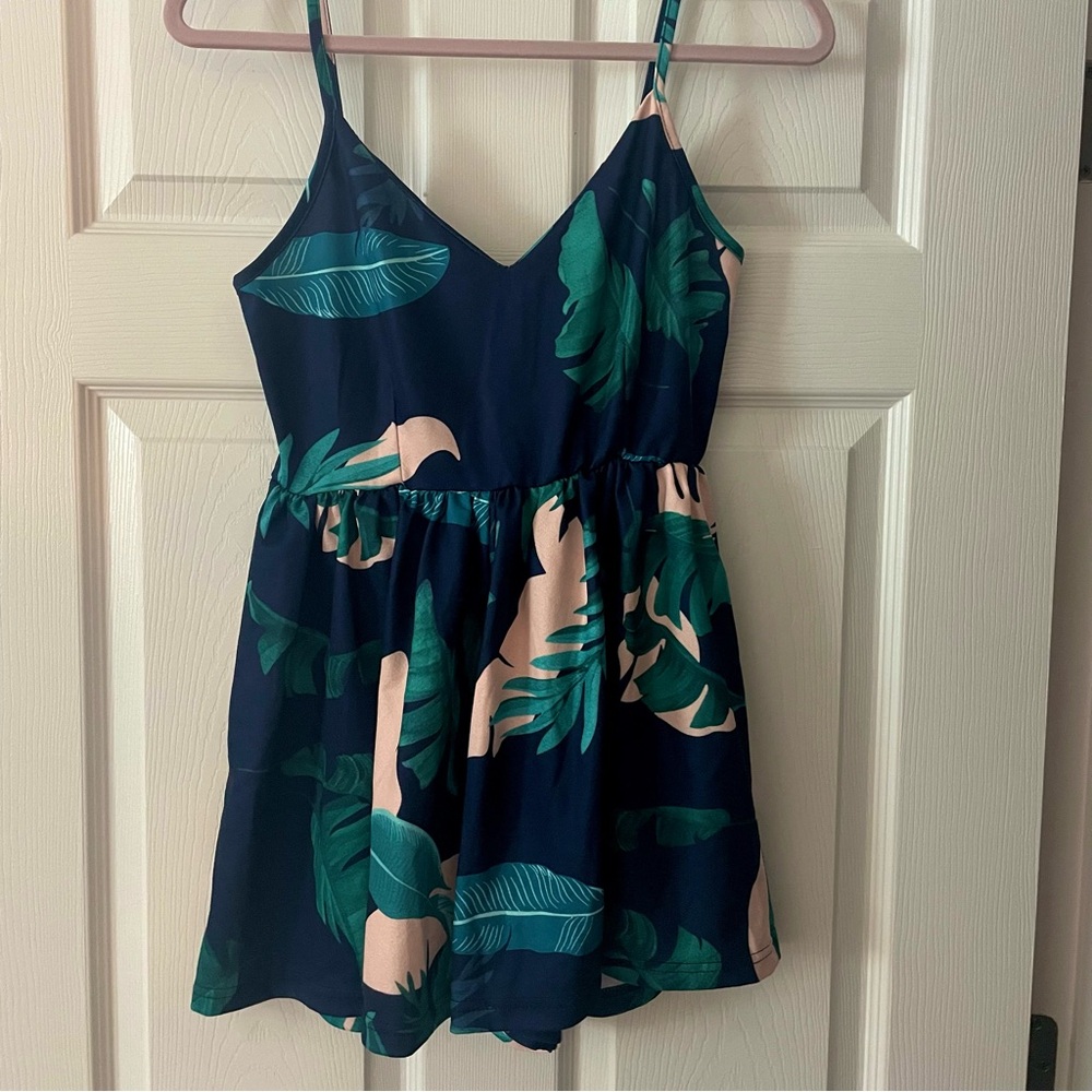 Tropical Leaf Print Shorts Romper. Navy blue & Teal
